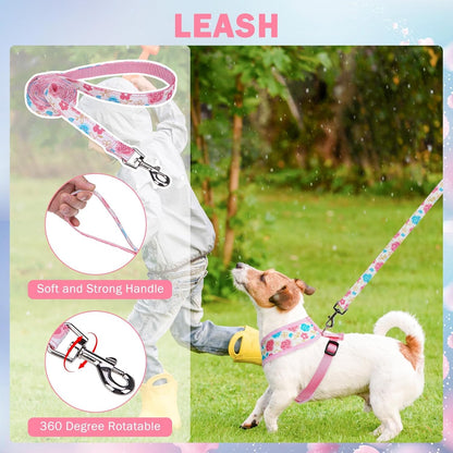 Small Dog Harness and Leash Set, Flowers Pink, M