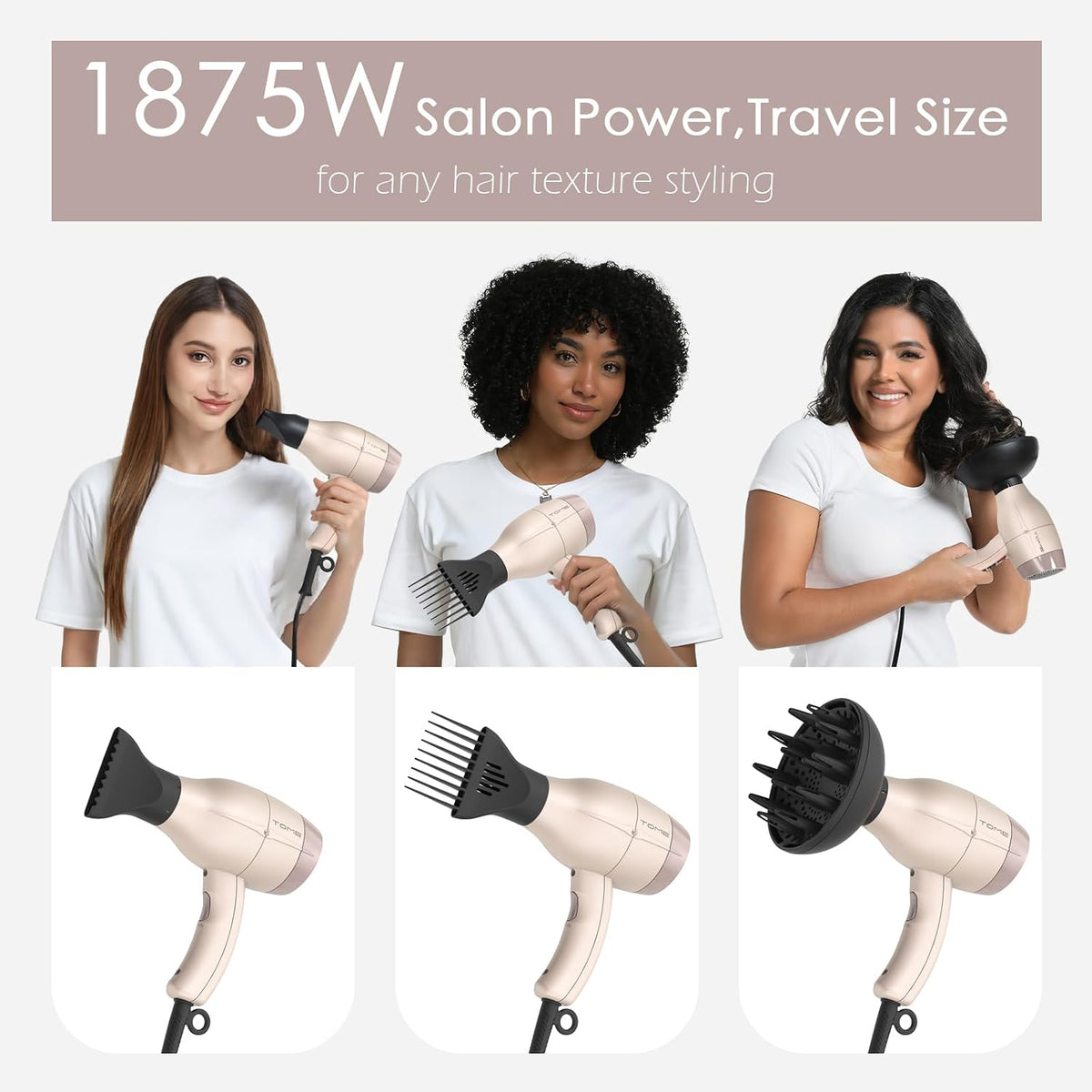 Hair Dryer 1875W Diffuser Set, Ionic, 3 Attachments, 125V Home