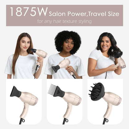 Hair Dryer 1875W Diffuser Set, Ionic, 3 Attachments, 125V Home