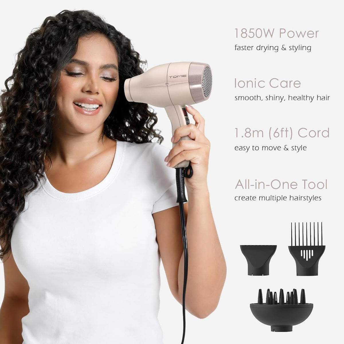 Hair Dryer 1875W Diffuser Set, Ionic, 3 Attachments, 125V Home