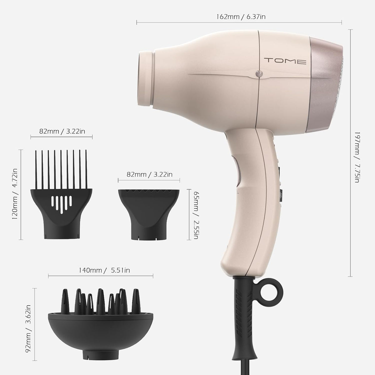 Hair Dryer 1875W Diffuser Set, Ionic, 3 Attachments, 125V Home
