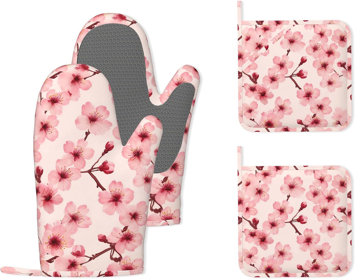 Cherry Blossom Pink Flower Heat-Resistant Silicone Oven Mitts and Pot Holders 4 Piece Set,Extra Long Non-Slip Kitchen Oven Gloves for Cooking, Baking, BBQ,Grilling