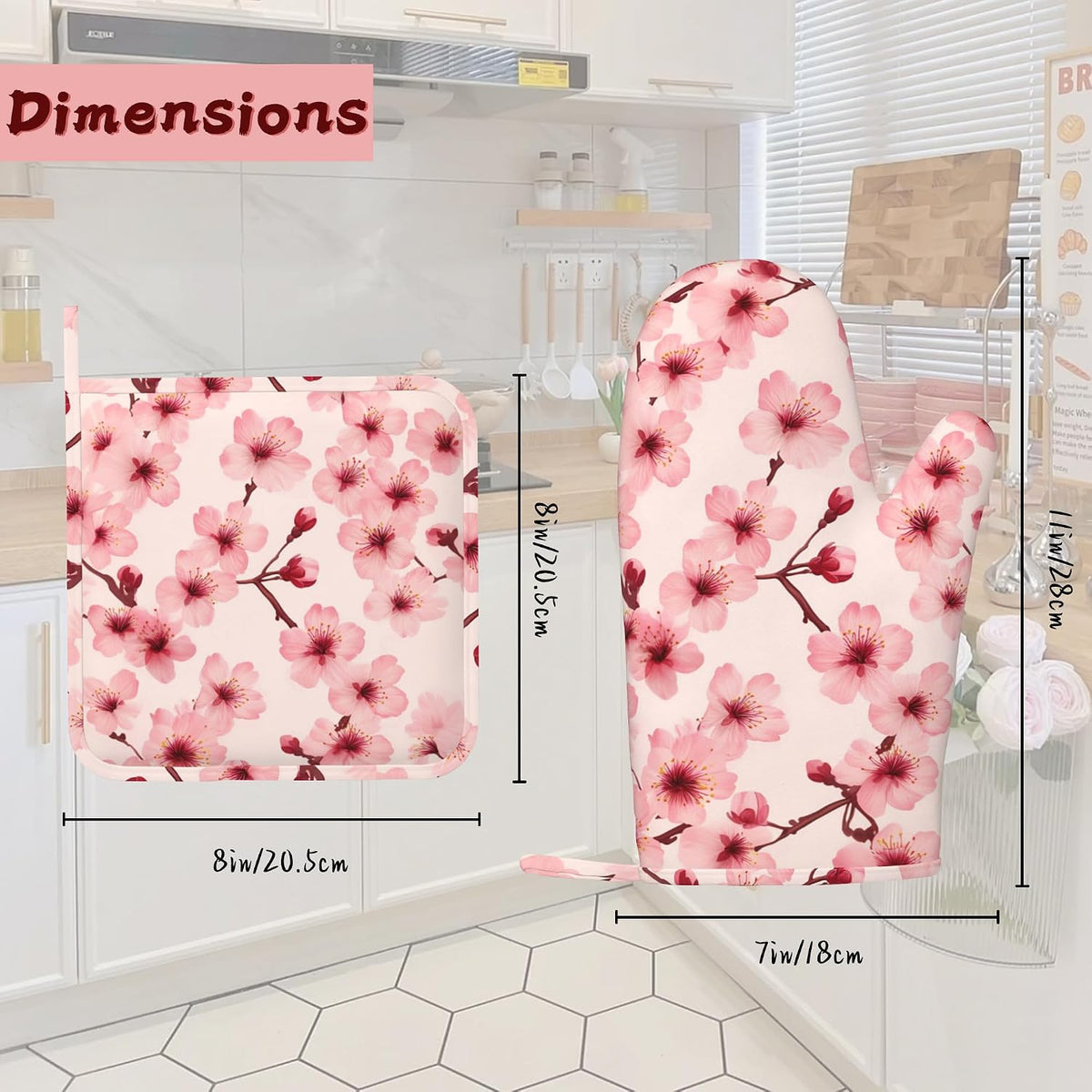 Cherry Blossom Pink Flower Heat-Resistant Silicone Oven Mitts and Pot Holders 4 Piece Set,Extra Long Non-Slip Kitchen Oven Gloves for Cooking, Baking, BBQ,Grilling