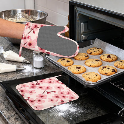 Cherry Blossom Pink Flower Heat-Resistant Silicone Oven Mitts and Pot Holders 4 Piece Set,Extra Long Non-Slip Kitchen Oven Gloves for Cooking, Baking, BBQ,Grilling