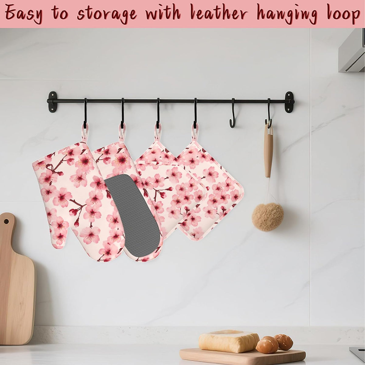 Cherry Blossom Pink Flower Heat-Resistant Silicone Oven Mitts and Pot Holders 4 Piece Set,Extra Long Non-Slip Kitchen Oven Gloves for Cooking, Baking, BBQ,Grilling