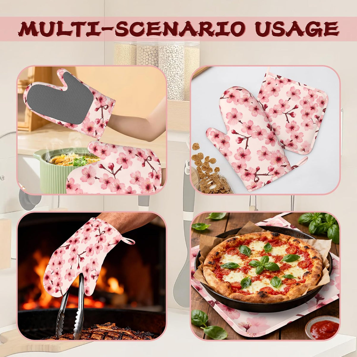 Cherry Blossom Pink Flower Heat-Resistant Silicone Oven Mitts and Pot Holders 4 Piece Set,Extra Long Non-Slip Kitchen Oven Gloves for Cooking, Baking, BBQ,Grilling