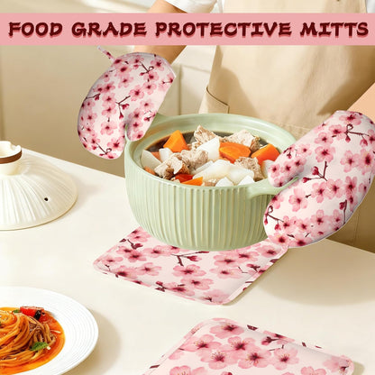 Cherry Blossom Pink Flower Heat-Resistant Silicone Oven Mitts and Pot Holders 4 Piece Set,Extra Long Non-Slip Kitchen Oven Gloves for Cooking, Baking, BBQ,Grilling