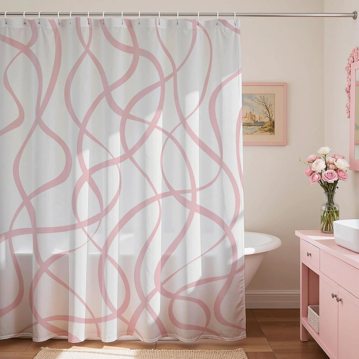 Pink Striped Shower Curtain with 12 Hooks Modern Abstract Wavy Pink Shower Curtain for Girls Women Waterproof Fabric Bath Curtain, 72 x 72 Inch