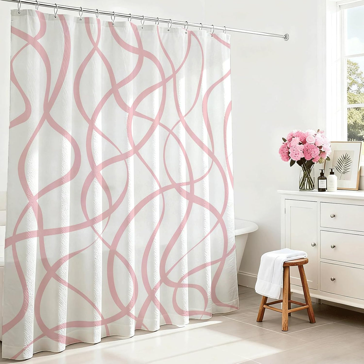 Pink Striped Shower Curtain with 12 Hooks Modern Abstract Wavy Pink Shower Curtain for Girls Women Waterproof Fabric Bath Curtain, 72 x 72 Inch
