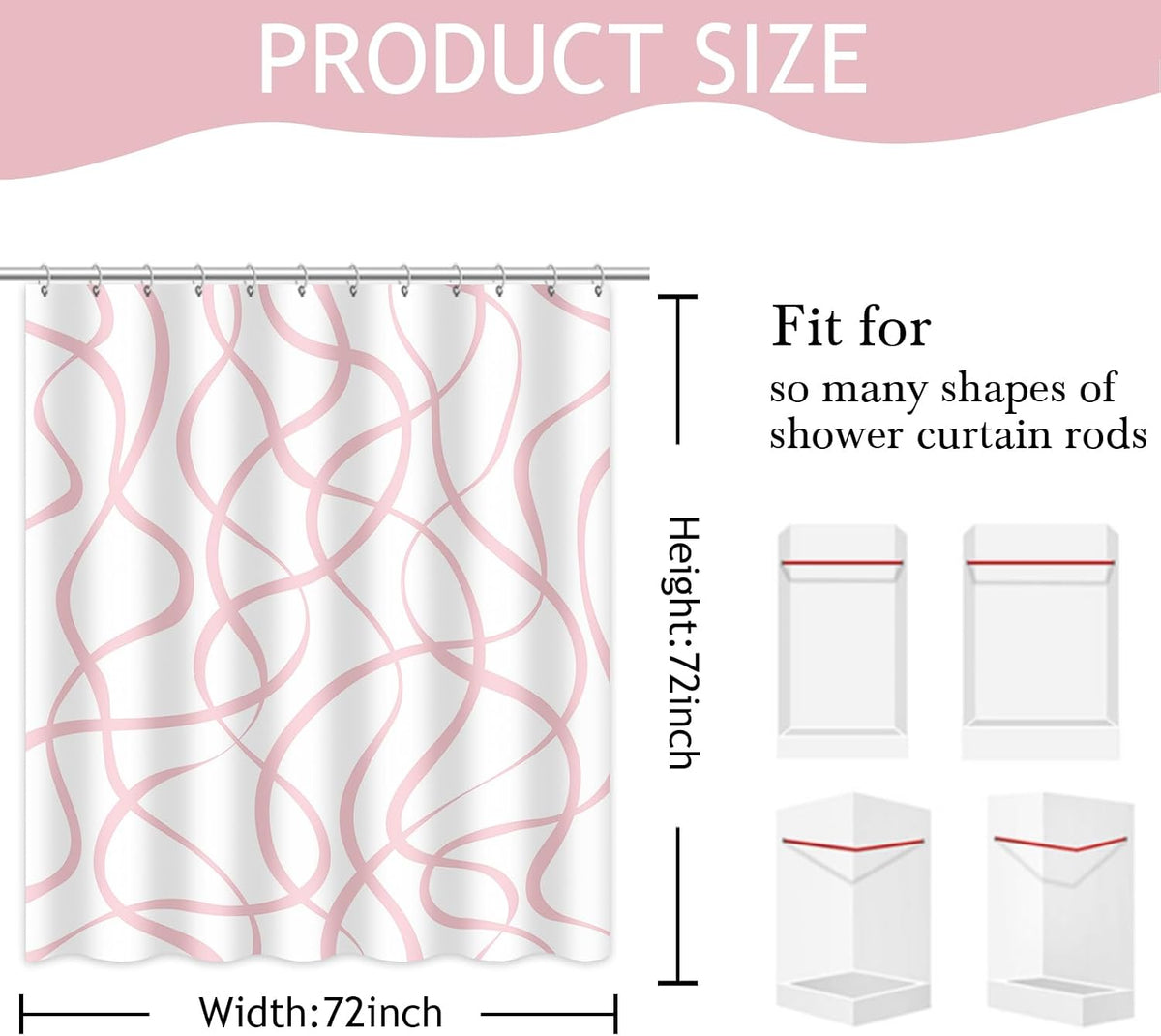Pink Striped Shower Curtain with 12 Hooks Modern Abstract Wavy Pink Shower Curtain for Girls Women Waterproof Fabric Bath Curtain, 72 x 72 Inch