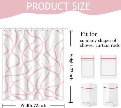 Pink Striped Shower Curtain with 12 Hooks Modern Abstract Wavy Pink Shower Curtain for Girls Women Waterproof Fabric Bath Curtain, 72 x 72 Inch