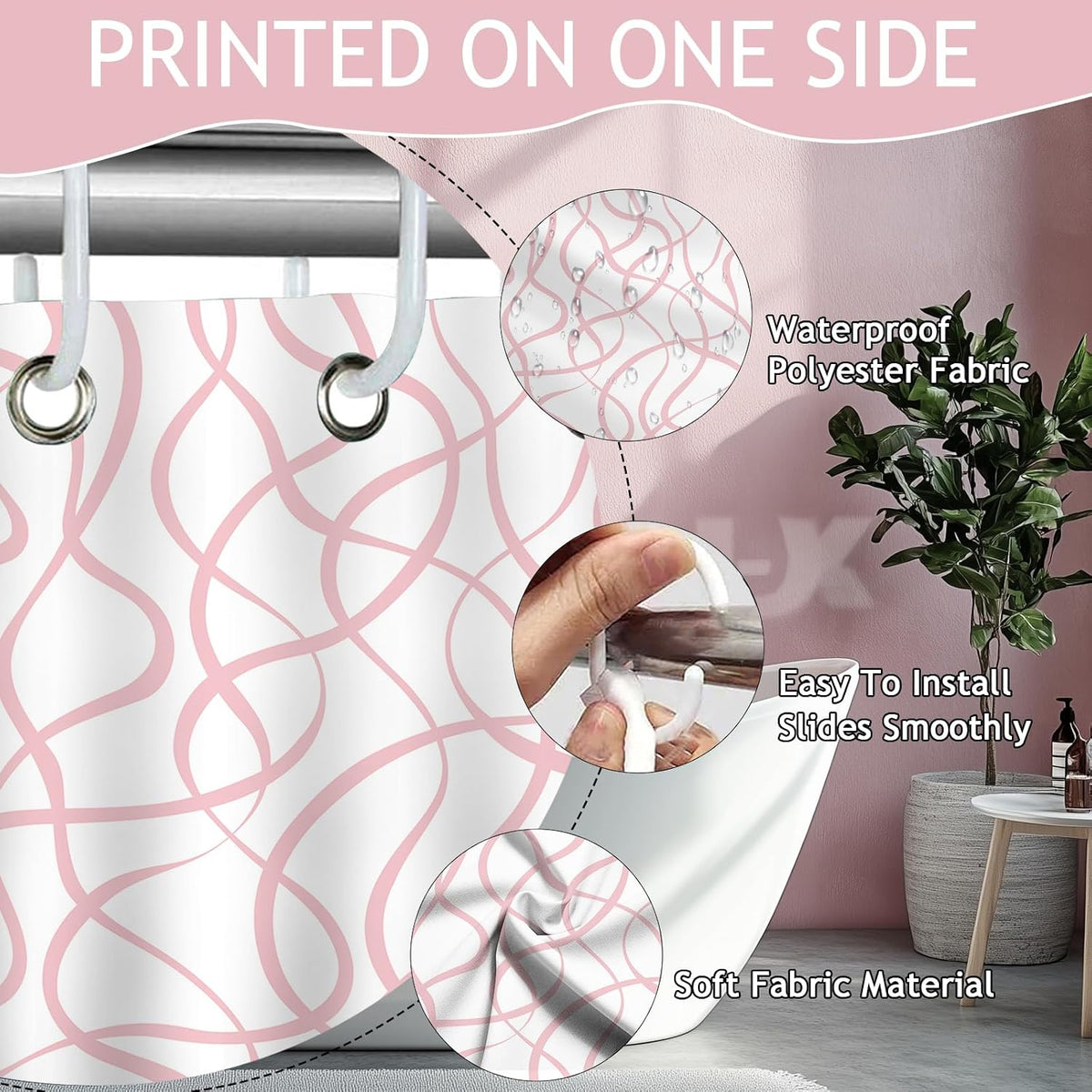 Pink Striped Shower Curtain with 12 Hooks Modern Abstract Wavy Pink Shower Curtain for Girls Women Waterproof Fabric Bath Curtain, 72 x 72 Inch