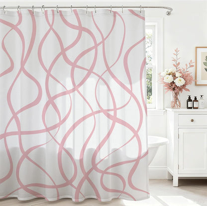 Pink Striped Shower Curtain with 12 Hooks Modern Abstract Wavy Pink Shower Curtain for Girls Women Waterproof Fabric Bath Curtain, 72 x 72 Inch