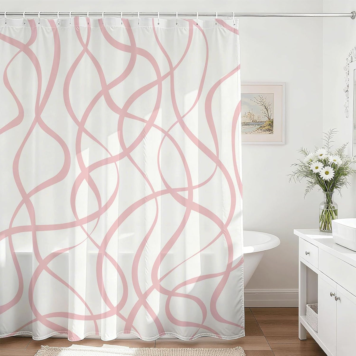 Pink Striped Shower Curtain with 12 Hooks Modern Abstract Wavy Pink Shower Curtain for Girls Women Waterproof Fabric Bath Curtain, 72 x 72 Inch