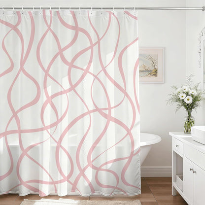Pink Striped Shower Curtain with 12 Hooks Modern Abstract Wavy Pink Shower Curtain for Girls Women Waterproof Fabric Bath Curtain, 72 x 72 Inch