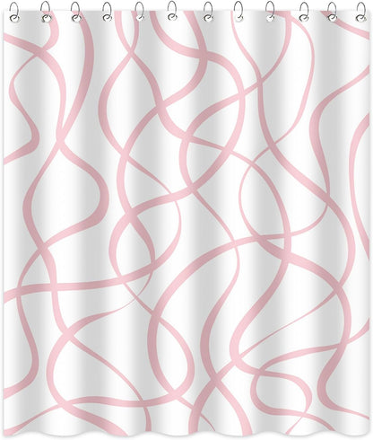 Pink Striped Shower Curtain with 12 Hooks Modern Abstract Wavy Pink Shower Curtain for Girls Women Waterproof Fabric Bath Curtain, 72 x 72 Inch