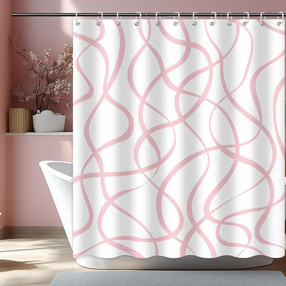 Pink Striped Shower Curtain with 12 Hooks Modern Abstract Wavy Pink Shower Curtain for Girls Women Waterproof Fabric Bath Curtain, 72 x 72 Inch