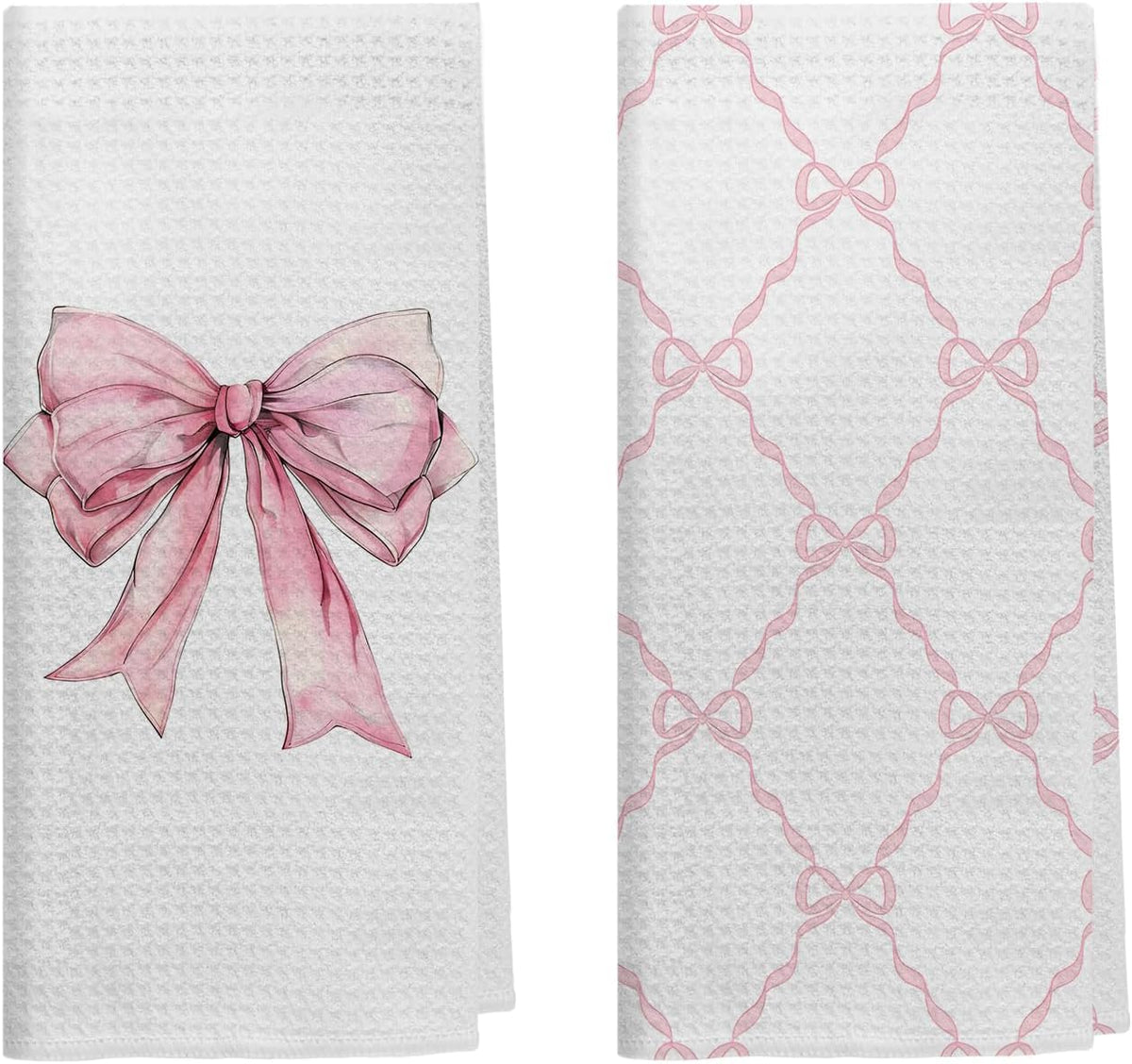 Coquette Pink Bow Kitchen Towels Set of 2, Preppy Pink Ribbon Pattern Hand Towels for Bathroom, Girly Coquette Bathroom Decor, Bow Aesthetic Dish Tea Towels for Kitchen, 16x24 inches