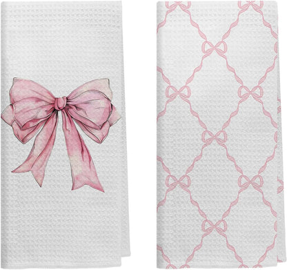 Coquette Pink Bow Kitchen Towels Set of 2, Preppy Pink Ribbon Pattern Hand Towels for Bathroom, Girly Coquette Bathroom Decor, Bow Aesthetic Dish Tea Towels for Kitchen, 16x24 inches