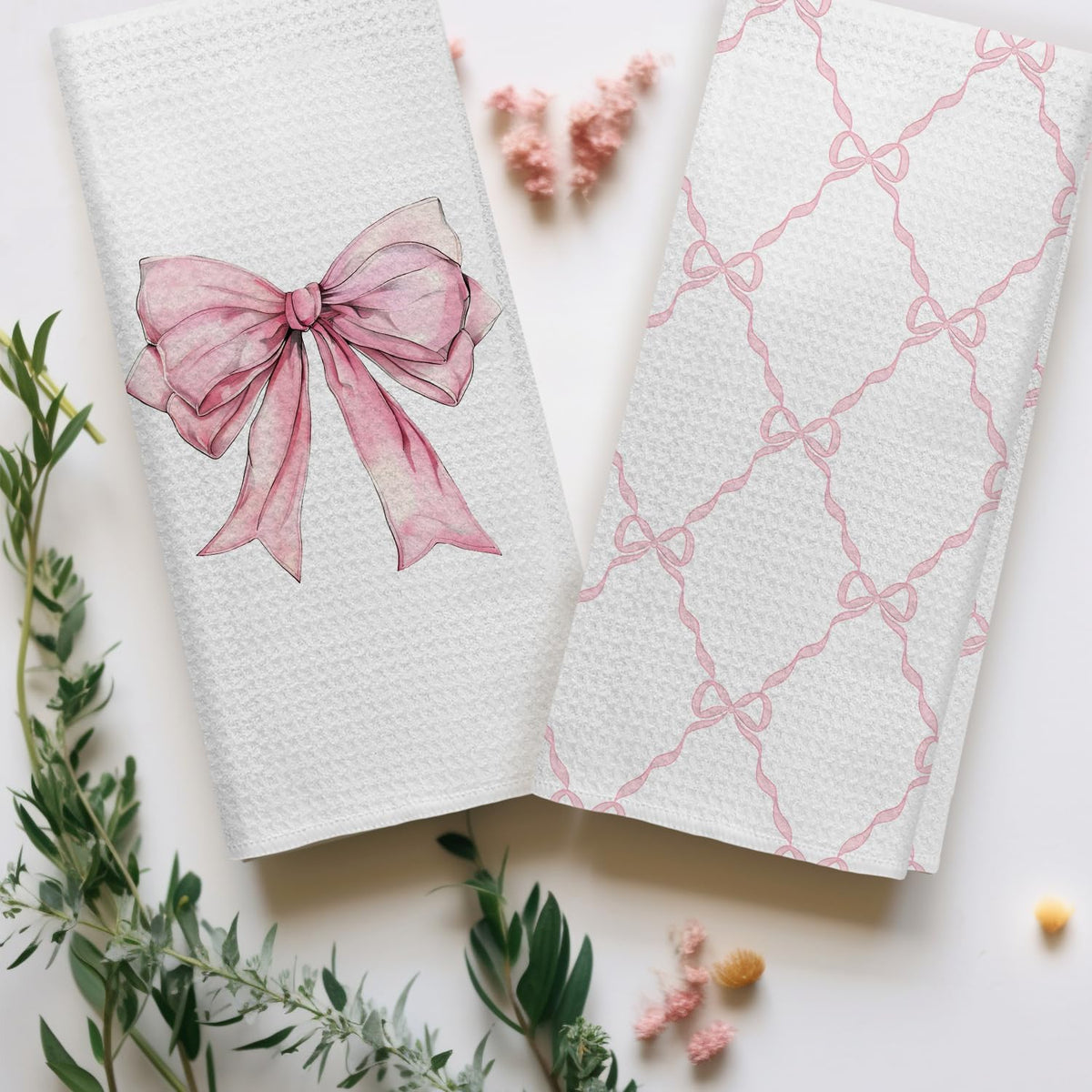Coquette Pink Bow Kitchen Towels Set of 2, Preppy Pink Ribbon Pattern Hand Towels for Bathroom, Girly Coquette Bathroom Decor, Bow Aesthetic Dish Tea Towels for Kitchen, 16x24 inches