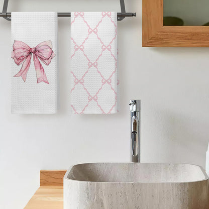 Coquette Pink Bow Kitchen Towels Set of 2, Preppy Pink Ribbon Pattern Hand Towels for Bathroom, Girly Coquette Bathroom Decor, Bow Aesthetic Dish Tea Towels for Kitchen, 16x24 inches