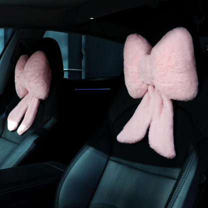 2 Pcs Pink Car Neck Pillow Bow, Plush Solid