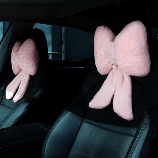 2 Pcs Pink Car Neck Pillow Bow, Plush Solid