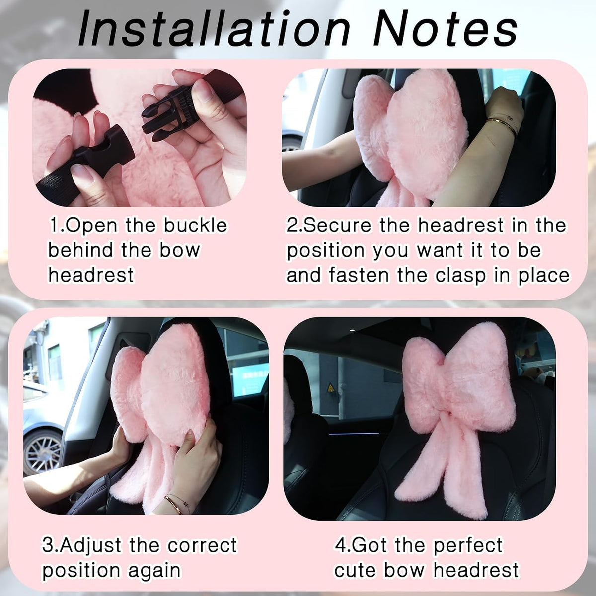 2 Pcs Pink Car Neck Pillow Bow, Plush Solid