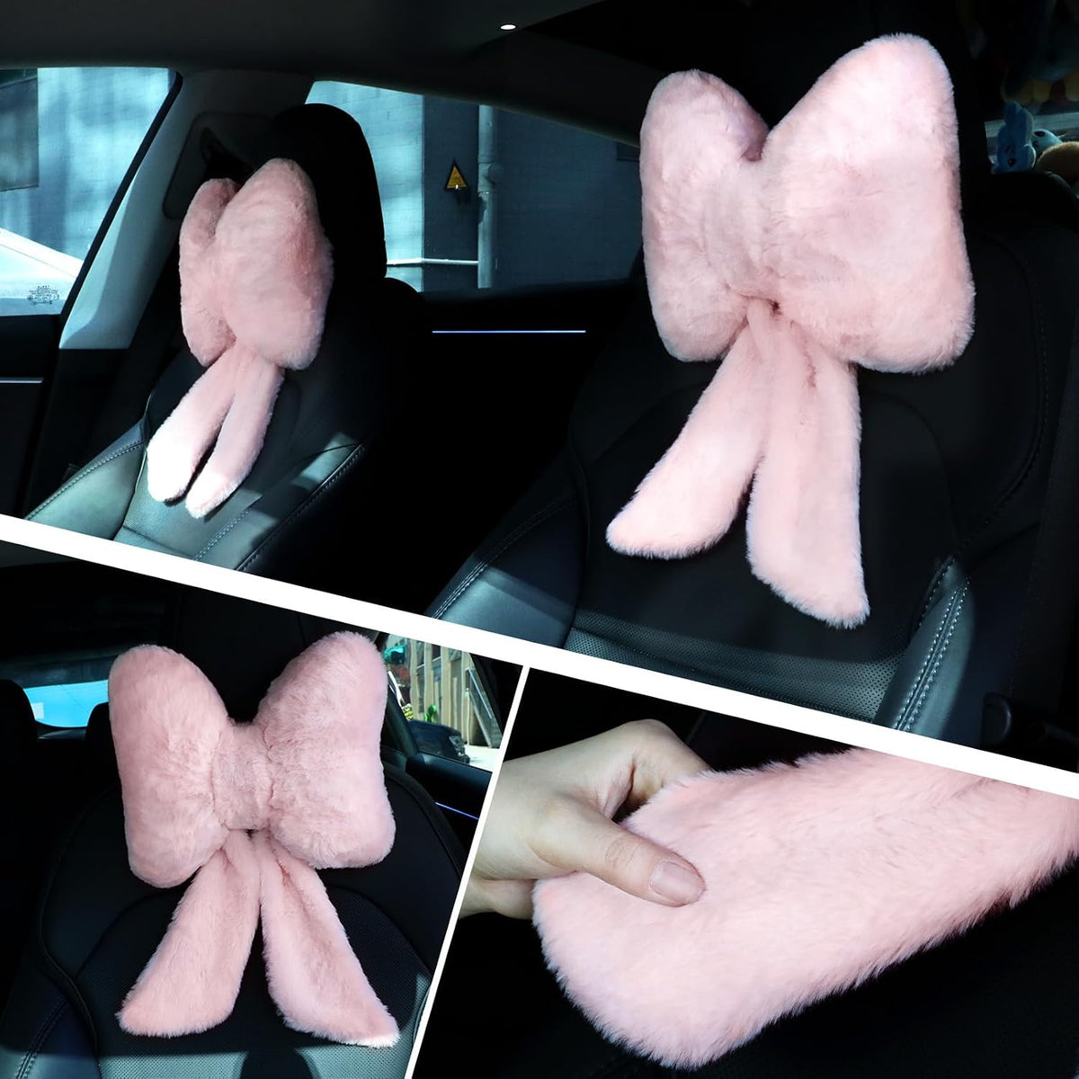 2 Pcs Pink Car Neck Pillow Bow, Plush Solid