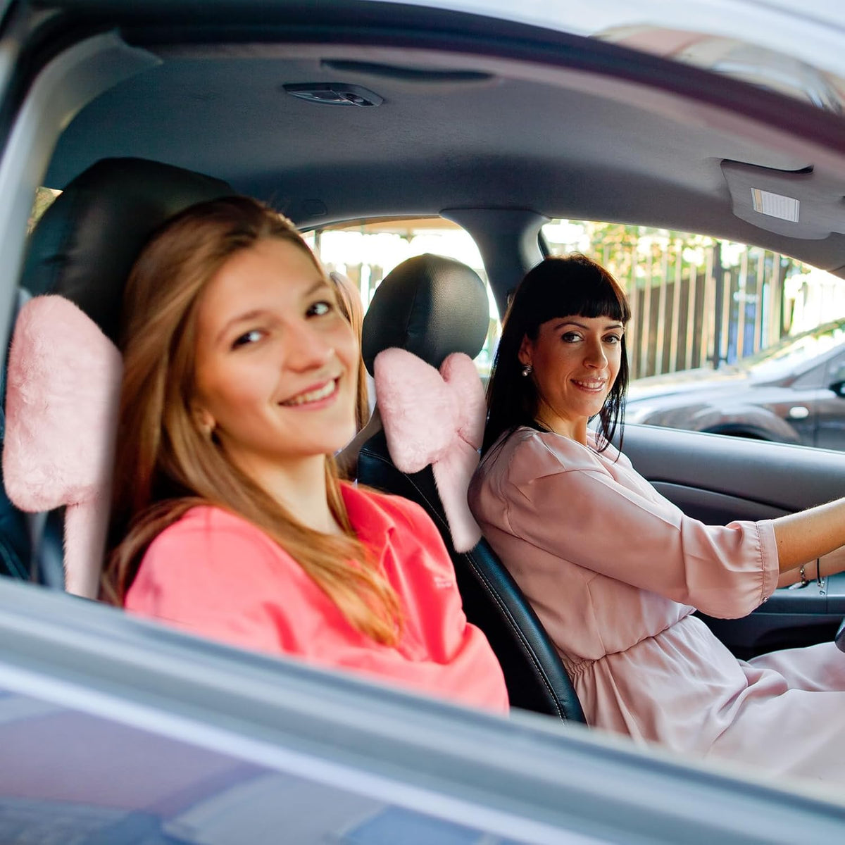 2 Pcs Pink Car Neck Pillow Bow, Plush Solid