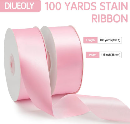 Pink Ribbon 1-1/2 inch, 100 Yards Pink Satin Ribbon for Gift Wrapping, Ribbons for Flower Bouquet, Fabric Polyester Hair Ribbons for Crafts Wedding Bow Party Decorations