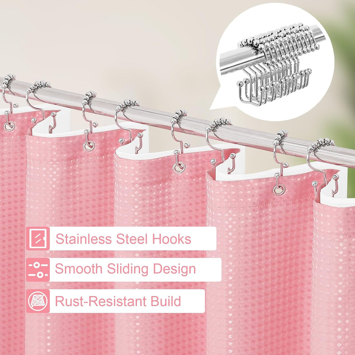 3 in 1 Pink Shower Curtain Set with PEVA Liner & 6 Hooks, 36 x 72