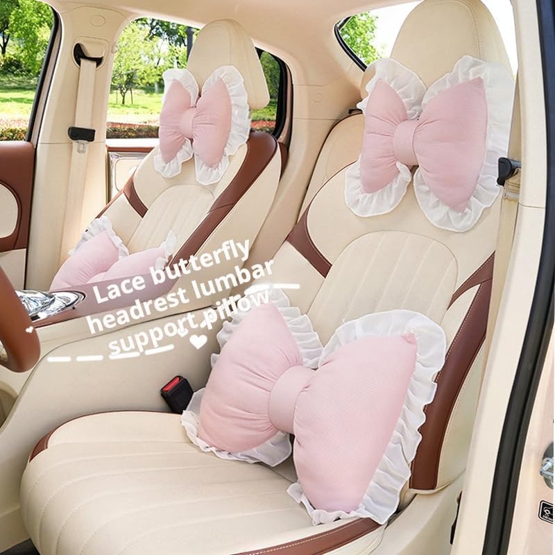 Cute Bow Pillow,Lace and Lace Bow Pillow,Car Backrest Cushion,Sofa Office Lumbar Pillow Cushion,Room Decor (Pink)