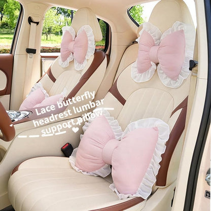 Cute Bow Pillow,Lace and Lace Bow Pillow,Car Backrest Cushion,Sofa Office Lumbar Pillow Cushion,Room Decor (Pink)