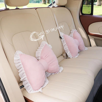 Cute Bow Pillow,Lace and Lace Bow Pillow,Car Backrest Cushion,Sofa Office Lumbar Pillow Cushion,Room Decor (Pink)