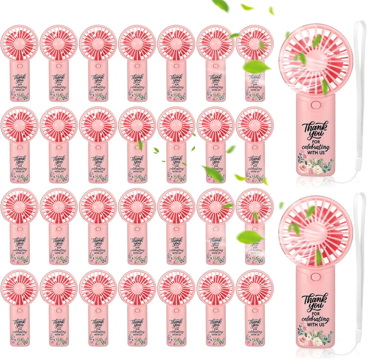 30 Pcs Mini Handheld Fans for Wedding Guests with Lanyard,Pink