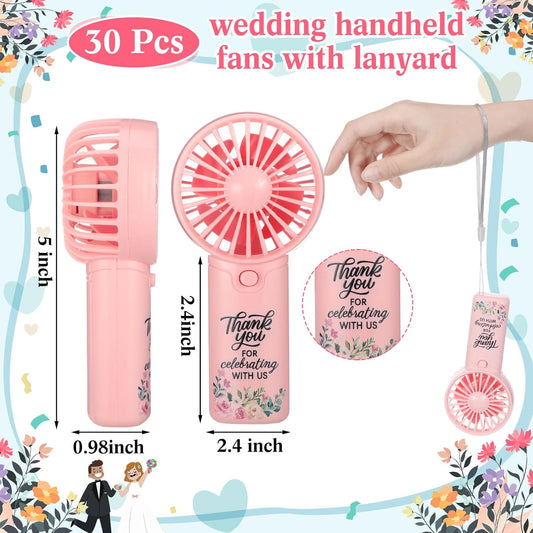 30 Pcs Mini Handheld Fans for Wedding Guests with Lanyard,Pink