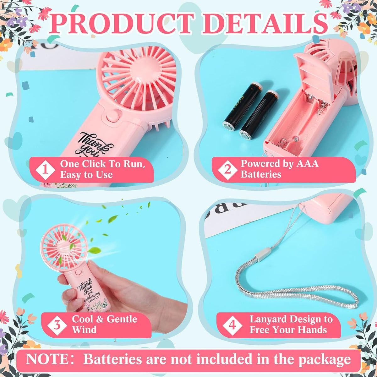 30 Pcs Mini Handheld Fans for Wedding Guests with Lanyard,Pink