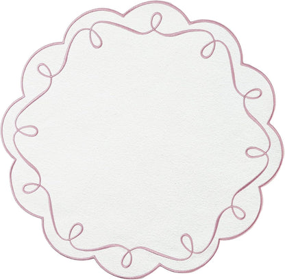 16.5 Inch Ribbon Twirl Embroidery Round Placemats Set of 4, Scalloped Round Table Mats for Party Kitchen Dining Decoration, Pink
