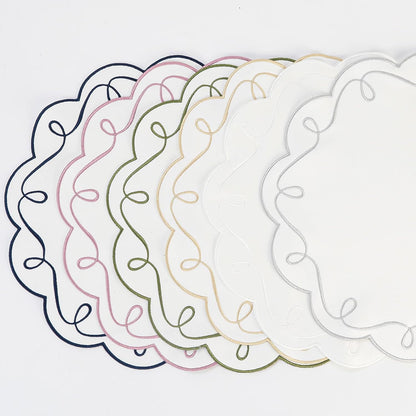 16.5 Inch Ribbon Twirl Embroidery Round Placemats Set of 4, Scalloped Round Table Mats for Party Kitchen Dining Decoration, Pink