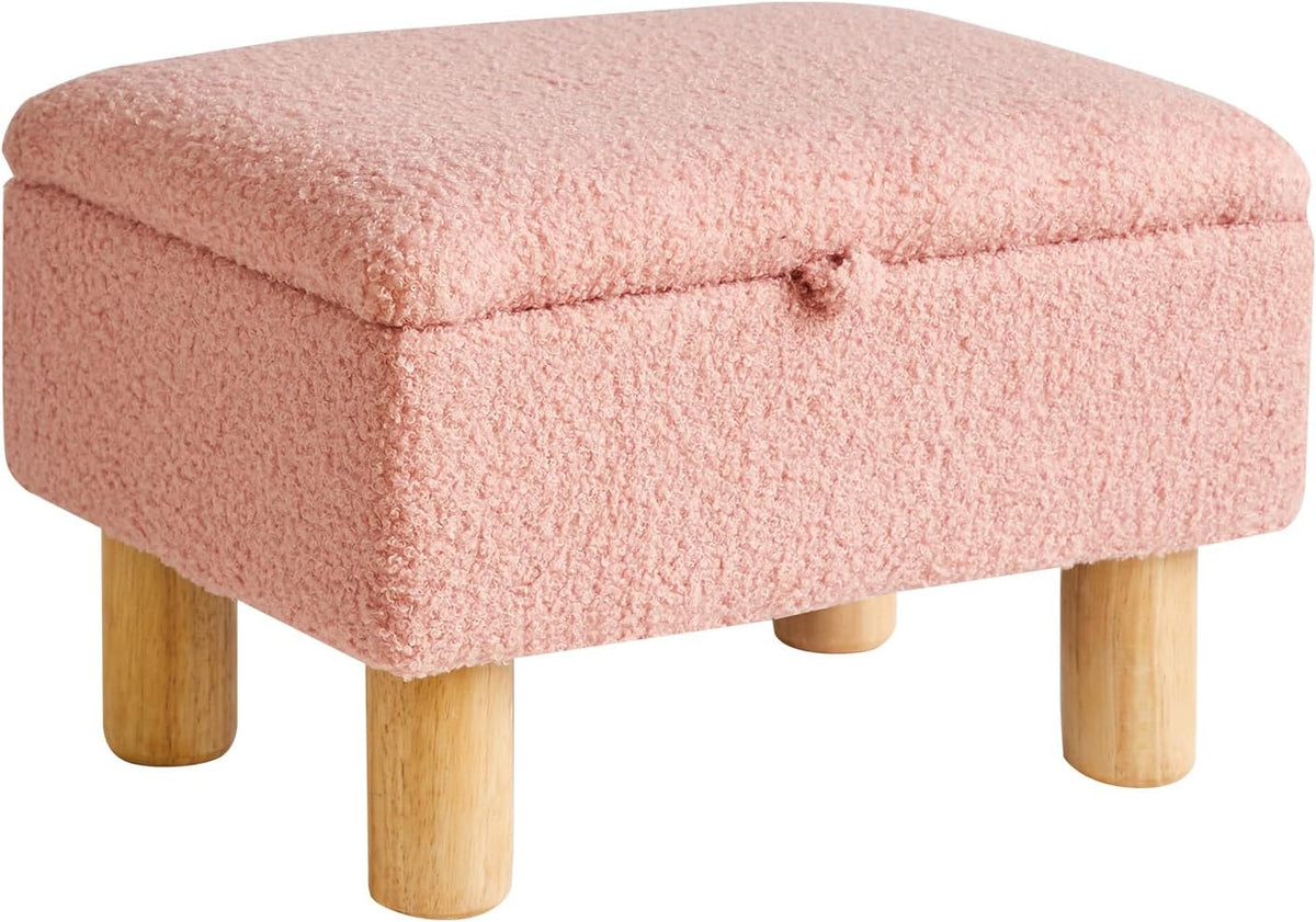Aibiju Teddy Velvet Small Ottoman Foot Rest, Foot Stools with Storage Small, Upholstered Rectangle Wood Ottoman with Safety Hinge Flip Top, Bed Stool for Bedroom Dorm Teddy Pink YD-JD136P