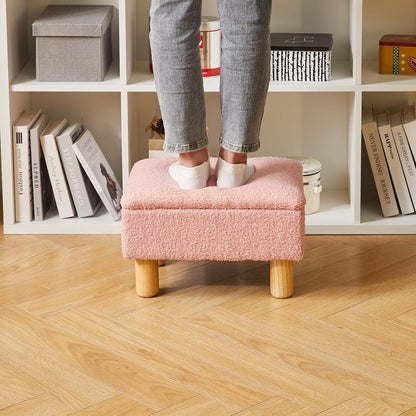 Aibiju Teddy Velvet Small Ottoman Foot Rest, Foot Stools with Storage Small, Upholstered Rectangle Wood Ottoman with Safety Hinge Flip Top, Bed Stool for Bedroom Dorm Teddy Pink YD-JD136P