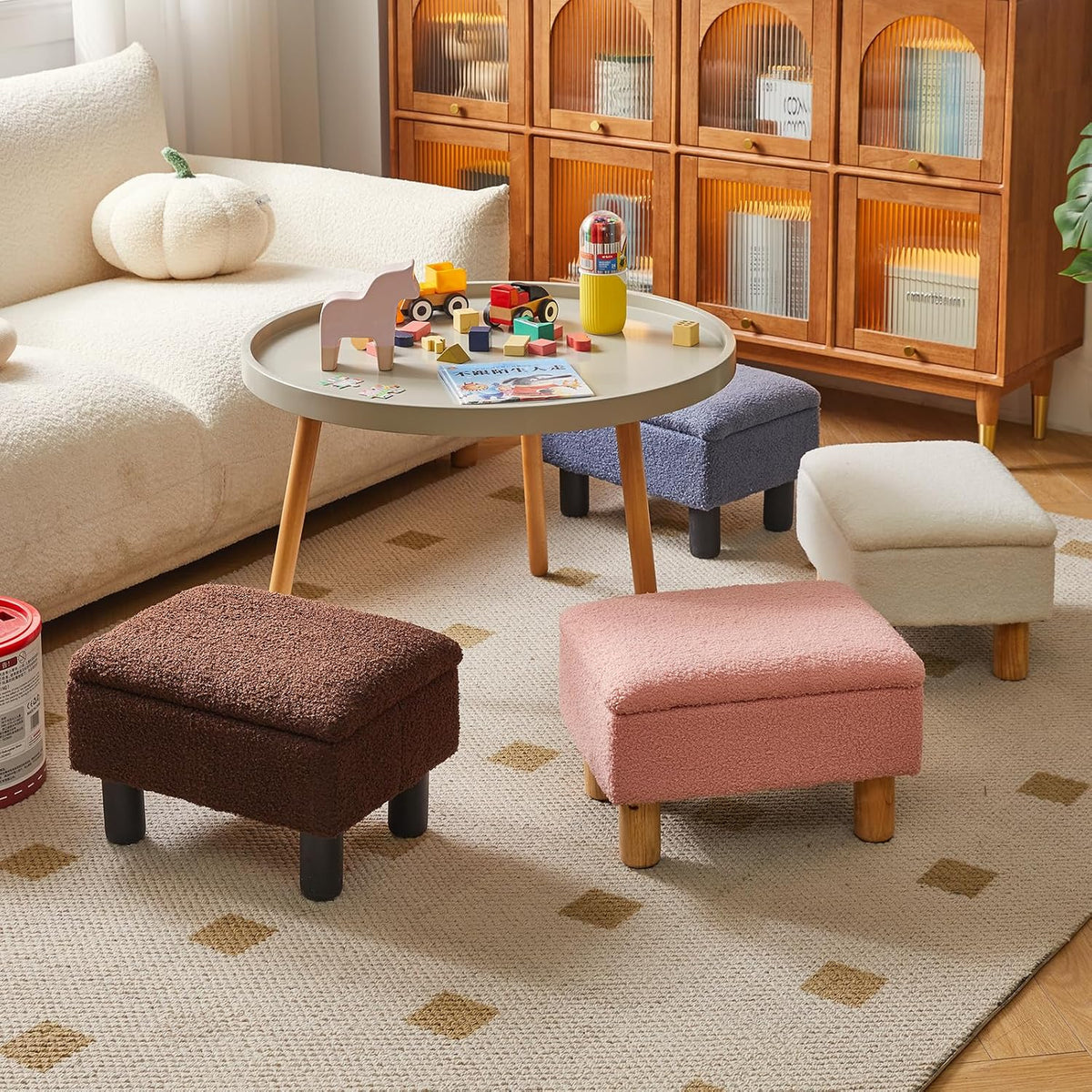 Aibiju Teddy Velvet Small Ottoman Foot Rest, Foot Stools with Storage Small, Upholstered Rectangle Wood Ottoman with Safety Hinge Flip Top, Bed Stool for Bedroom Dorm Teddy Pink YD-JD136P