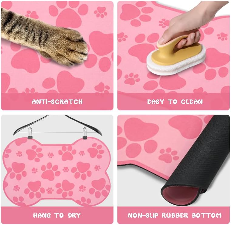 Dog Food Mats for Floors Waterproof, Pet Feeding Absorbent Water Bowl Mat Cat Placemats Pink Bone Shape 19 * 12 inch