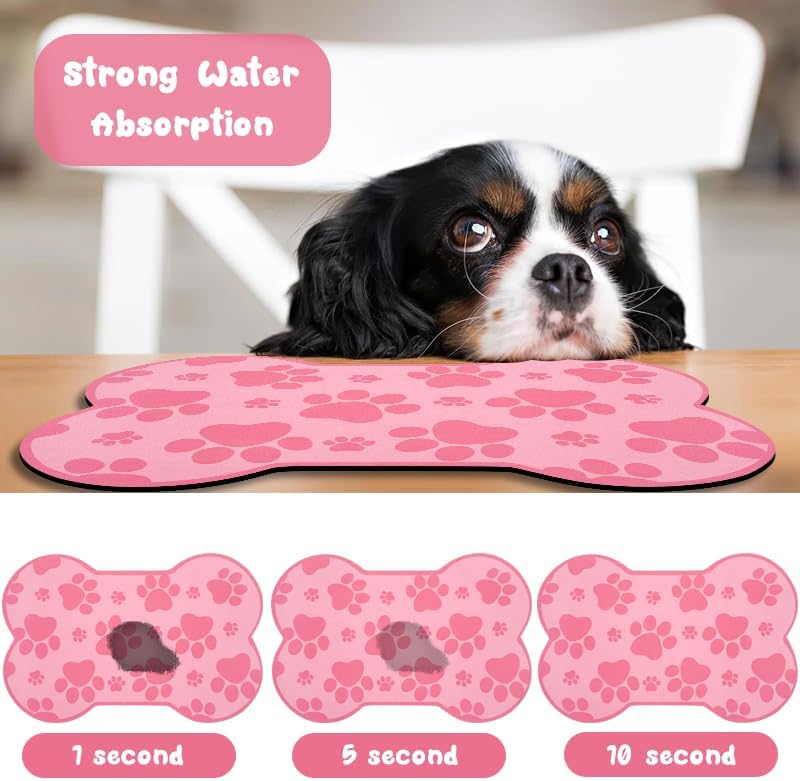 Dog Food Mats for Floors Waterproof, Pet Feeding Absorbent Water Bowl Mat Cat Placemats Pink Bone Shape 19 * 12 inch