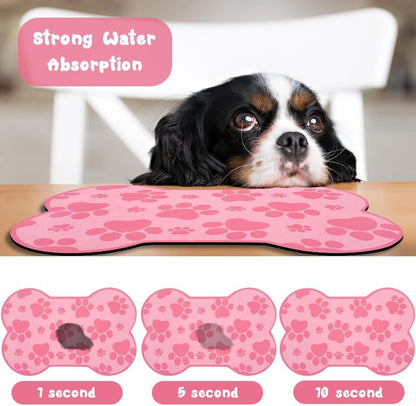 Dog Food Mats for Floors Waterproof, Pet Feeding Absorbent Water Bowl Mat Cat Placemats Pink Bone Shape 19 * 12 inch