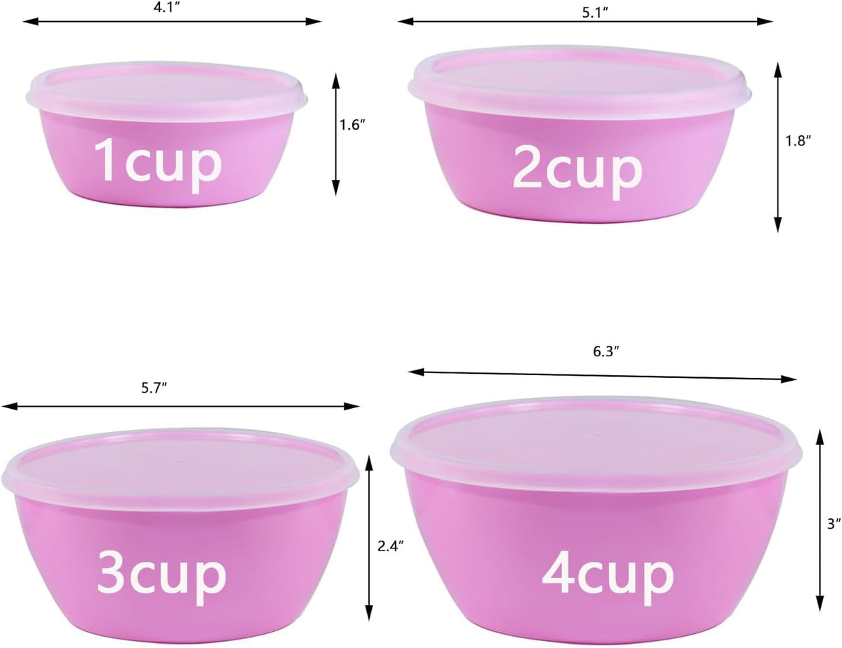 Set of 4 Plastic Prep Bowls with Lids，Microwave and Dishwasher Safe,Ideal for Baking, Prepping, Cooking and Serving Food (Pink)