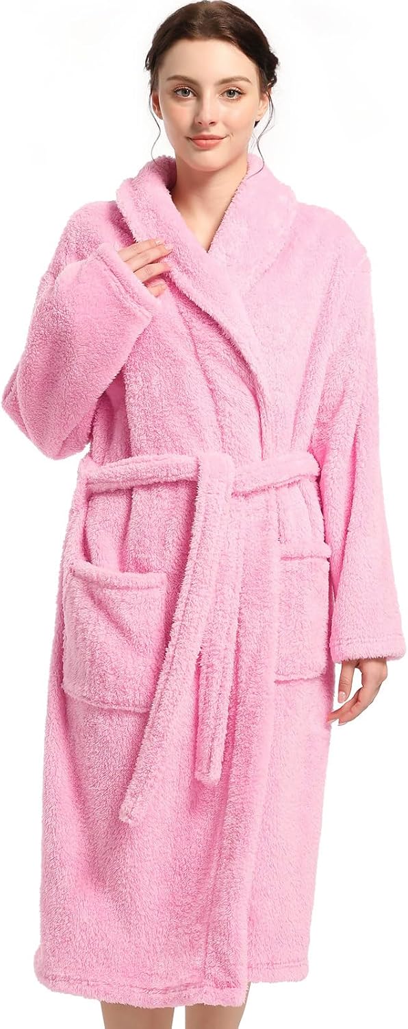 Womens Plush Fleece Robe, Cozy Warm Bathrobe Fuzzy Female Spa Robe With Pockets