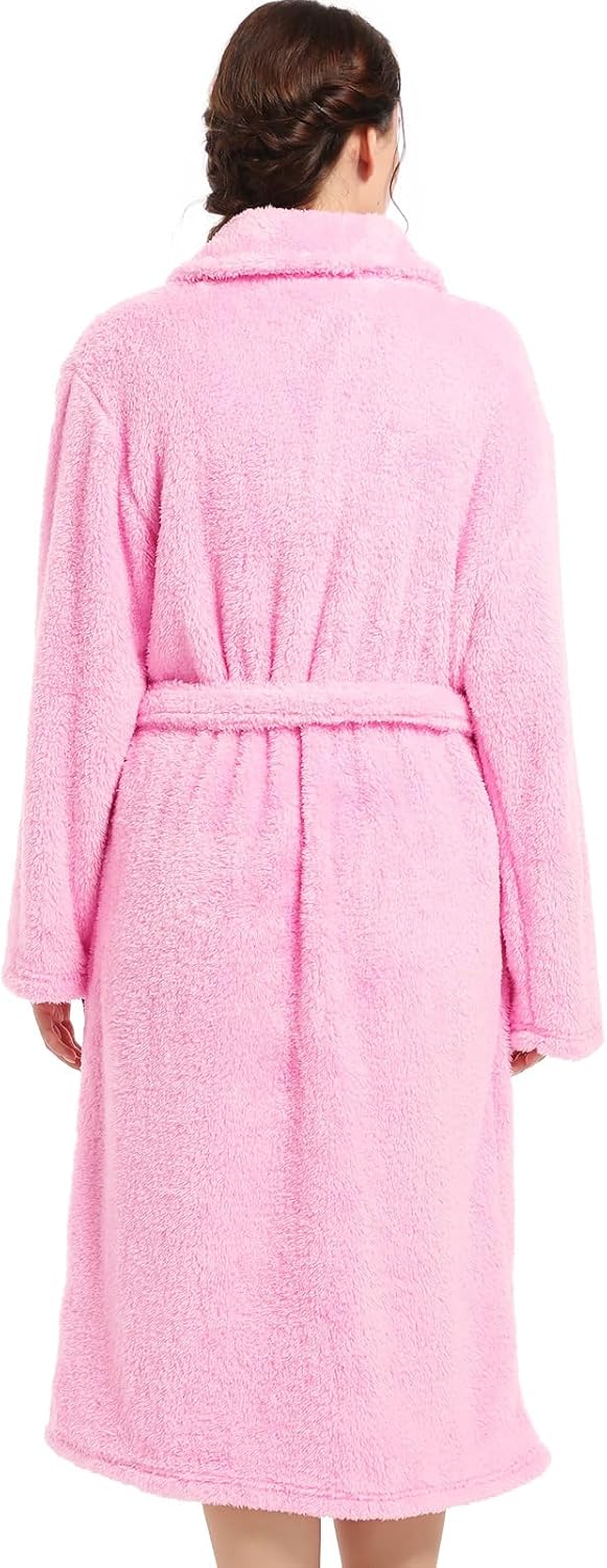 Womens Plush Fleece Robe, Cozy Warm Bathrobe Fuzzy Female Spa Robe With Pockets
