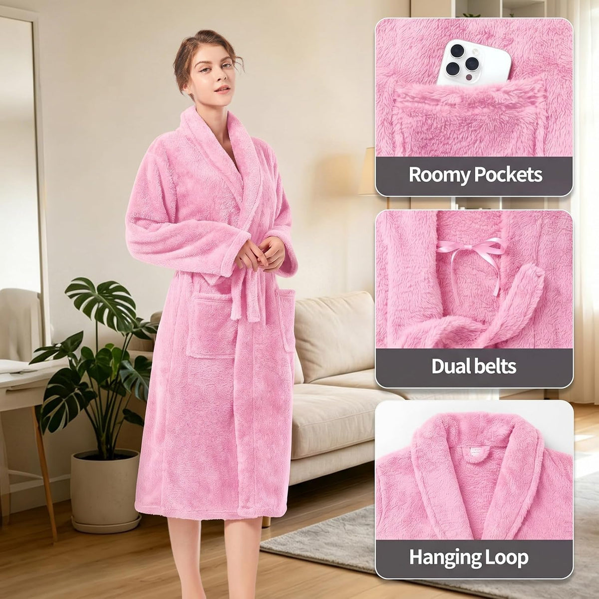 Womens Plush Fleece Robe, Cozy Warm Bathrobe Fuzzy Female Spa Robe With Pockets